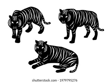Vector illustration of tiger collection. Black and white. 