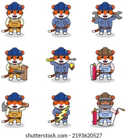 Vector illustration of Tiger Construction, builder, electrician, welder and handymen cartoon. Cute Tiger engineers workers, builders characters isolated cartoon illustration.