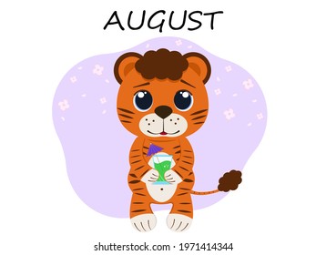 Vector illustration of a tiger cub in August with a cocktail or juice. Summer.
