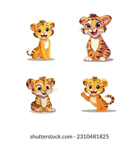 Vector illustration of a tiger cub with different emotions and poses on a white background