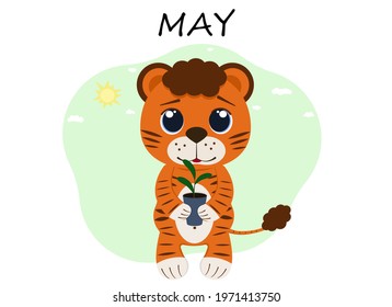 Vector illustration of a tiger cub in May with a young plant for planting. Ecology. Postcard