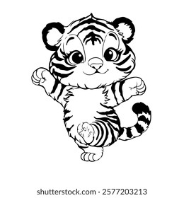 Vector illustration of a tiger cub. Monochrome illustration