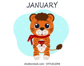 Vector illustration of a tiger cub for the month of January with cocoa and scarf. Winter