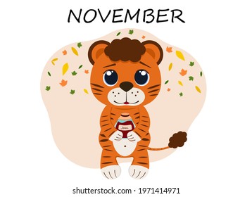 Vector illustration of a tiger cub in November with a jar of jam and falling autumn leaves