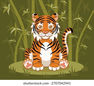 Ilustração vetorial de um tigre bebê sentado na grama, com um fundo de bosque de bambu. Pode ser usado para materiais educacionais de crianças, para produtos, para livros, jogos, etc.