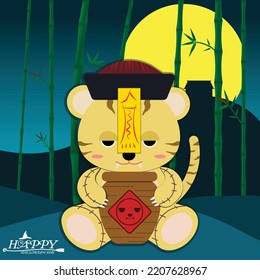 Vector illustration of a tiger doll in a Chinese zombie costume. night background with full moon in bamboo forest for halloween decoration