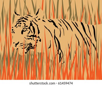 Vector illustration of a tiger in dry grass with tiger and grass as separate elements