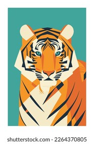 Vector illustration of Tiger face animal on green background flat color 