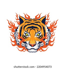 vector illustration of a tiger face with fire. mascot design