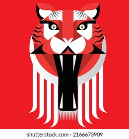 Vector illustration of tiger face in minimalistic flat style isolated on red background, tattoo, postcard