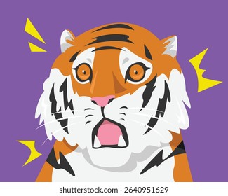 Vector illustration of tiger face shocked. Cartoon flat vector illustration.