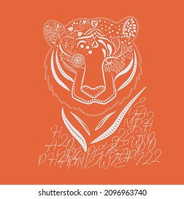 A vector, illustration of a tiger face with white graphic flower, dot and line elements on orange background and white letters