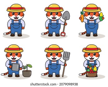 Vector illustration of Tiger farmer cartoon. Cute farmer character design with straw hat. Character flat design. isolated on white.