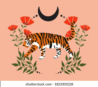 Vector illustration . Tiger with a floral wreath on a pink background.