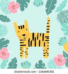 Vector illustration with tiger and flower, leaf