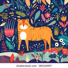 Ilustración vectorial con tigre y flores