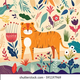 Ilustración vectorial con tigre y flores