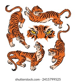 vector illustration of a tiger in four styles with simple colors and unique black lines plus one tiger glasses in the middle