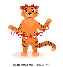 vector illustration of a tiger with a garland with hearts in his hands. The theme of love and celebration of Valentine's day. Isolated on a white background
