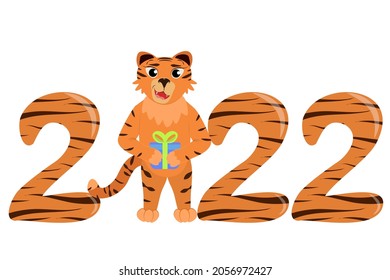 Vector illustration of a tiger with a gift box in his hands, standing between the numbers 2022, isolated on a white background. Illustration on the theme of the new year