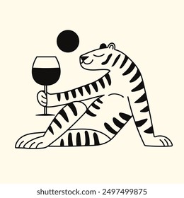 Vector illustration with tiger and glass of wine or other drink. Black white monochrome print design, apparel print, wall decoration poster, bar menu element