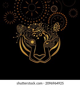 A vector, illustration of a tiger with gold gradient face, graphic flower, dot and line elements on firework graphic background