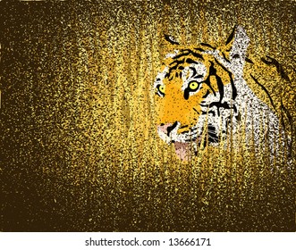 Vector illustration of a tiger in grass with grunge on separate layer