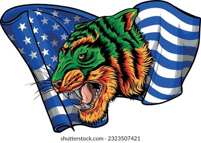 vector illustration of tiger head and American flag.