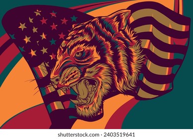 vector illustration of tiger head and American flag.