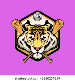 Vector illustration of tiger head with baseball bat and ball on purple background
