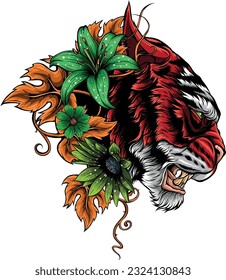 vector illustration of tiger head in colorful flower