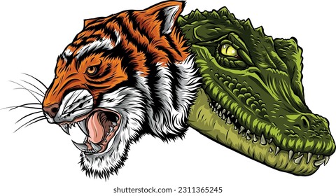 ilustración vectorial de la cabeza del tigre con cocodrilo