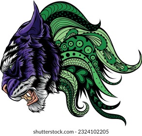 vector illustration of tiger head with decorative mandalas.