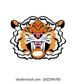 Ilustración vectorial de una cabeza de tigre. Tigre con sonrisa. Sonrisa bestial de un depredador. Símbolo del año 2022 aislado en fondo blanco.