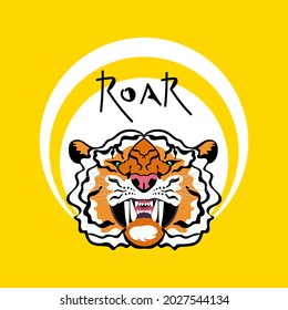 Vector illustration of a tiger head with a grin and the inscription roar. Saber-toothed tiger, wild cat portrait on a yellow background.