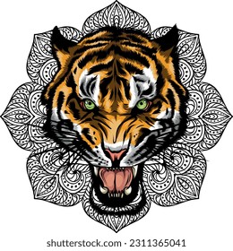 ilustración vectorial de la cabeza del tigre con mandala.