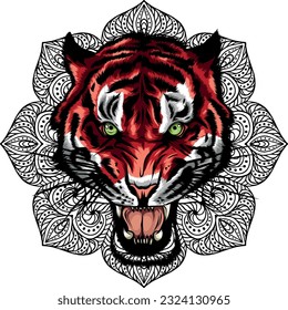 vector illustration of tiger head with mandala.