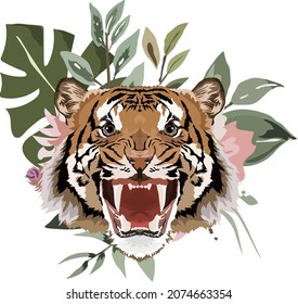 Vector illustration of a tiger head on a background of flowers. Symbol of the new 2022