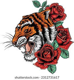 ilustración vectorial de la cabeza del tigre con rosa