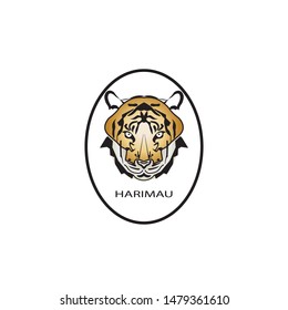 Vector illustration of a tiger head, with the text harimau in Indonesian