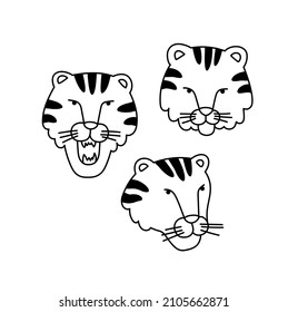Vector illustration of tiger heads in different states. Hand-drawn cartoon vector set, line art. Large mammal of the cat family. Animals of Asia.