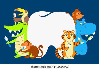 Vector illustration of tiger, hippo, crocodile, toucan, monkeys brushing their teeth. Illustration of cartoon laughing and smiling animals with healthy strong teeth  