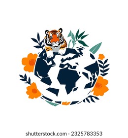 vector illustration of a tiger hugging the world of world tiger day