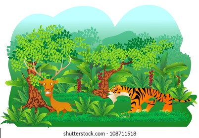 	Vector Illustration Of A Tiger Hunting A Deer, Cartoon Style