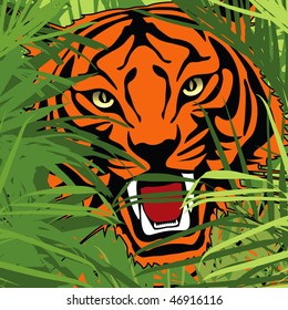 vector illustration of a tiger hunting in jungle