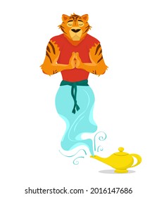 vector illustration of a tiger in the image of a jinn coming out of a lamp, isolated on a white background