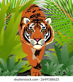Ilustração vetorial de uma imagem de tigre que quer espreitar nos arbustos da floresta, Imagem de tigre selvagem
