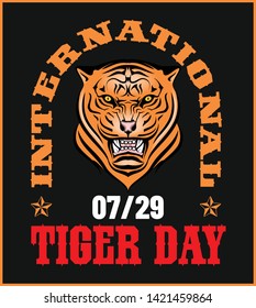 Vector illustration tiger. International tiger day. July 29. Striped predator. Bengalese tiger. Head mascot. Design of invitation to party, banner, flyer, cover, wallpaper.