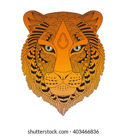 Vector illustration of the tiger, isolated. Colorful artwork in ethnic and zentangle style. Card, poster, t-shirt, print design.