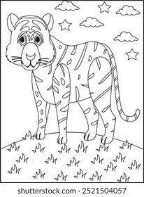 Vector illustration of tiger isolated on white background. For kids coloring Page.